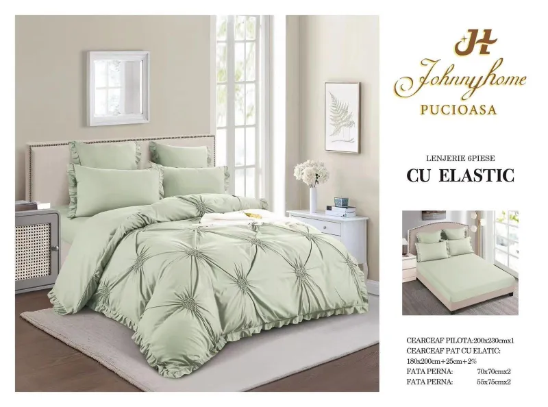 Lenjerii de pat Finet cu PLIURI - Lenjerie de pat cu Inimioare Brodate,Pat dublu,cu Elastic,Verde pudra-CP6