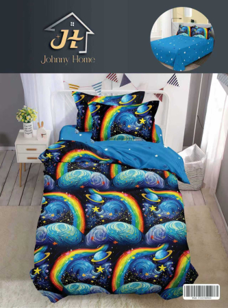 LENJERII DE PAT 1 PERSOANA & COPII - Lenjerie de pat cu model cosmos și curcubeu, albastru, pentru 1 persoană-P160