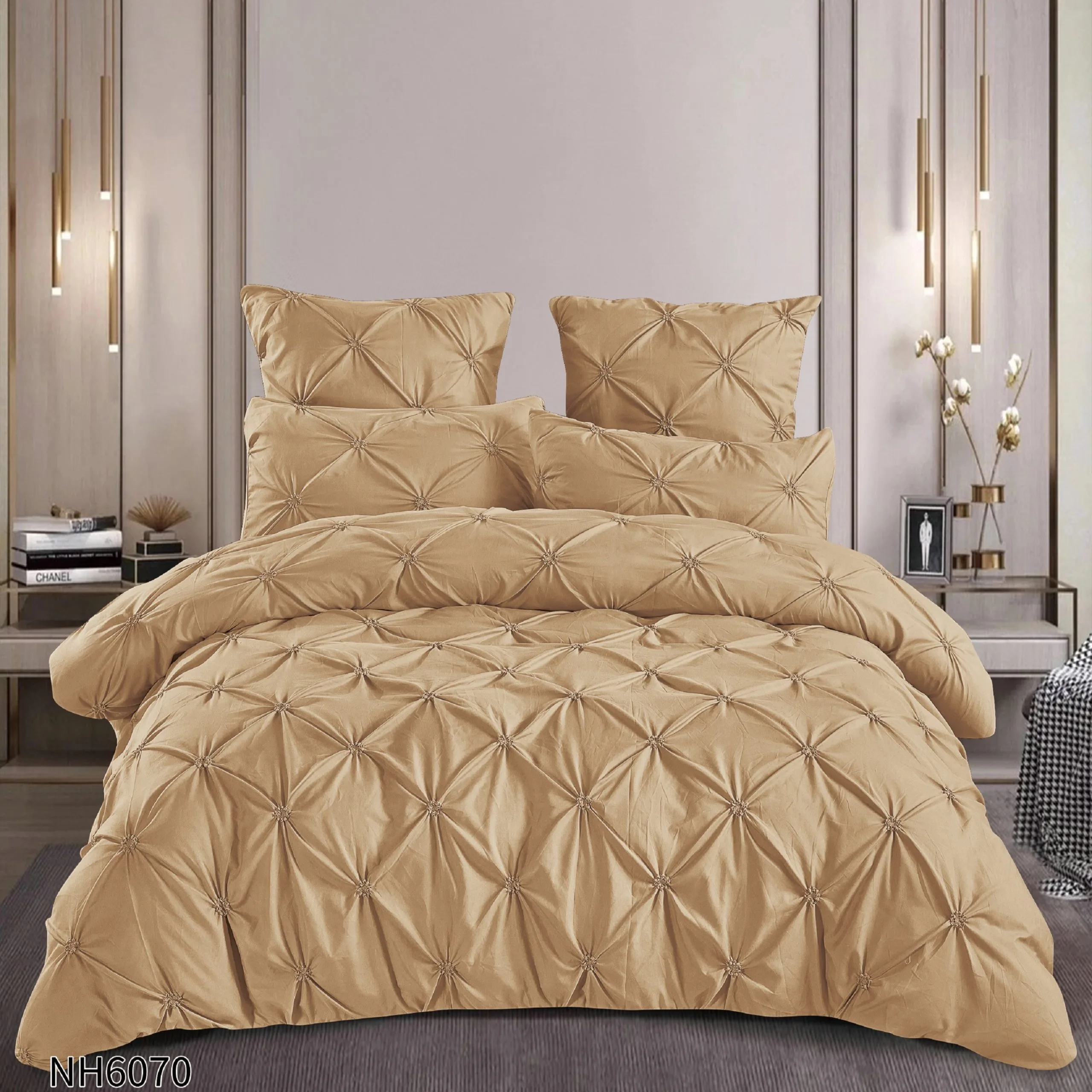 Lenjerii de pat Finet cu PLIURI - Lenjerie de pat cu Pliuri Elegante din finet,cearceaf cu ELASTIC,Bej inchis-NH6070