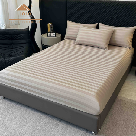 Lenjerie de pat Damasc 100% Bumbac 6 Piese, Cearsaf cu Elastic crem cu dungi -JJ7 [1]