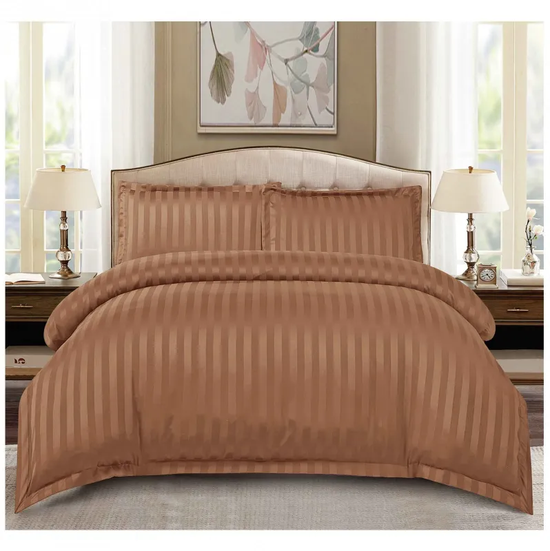 Lenjerii de pat Damasc - Lenjerie de pat Damasc,4 Piese,Cearceaf cu Elastic,Maro-RP31