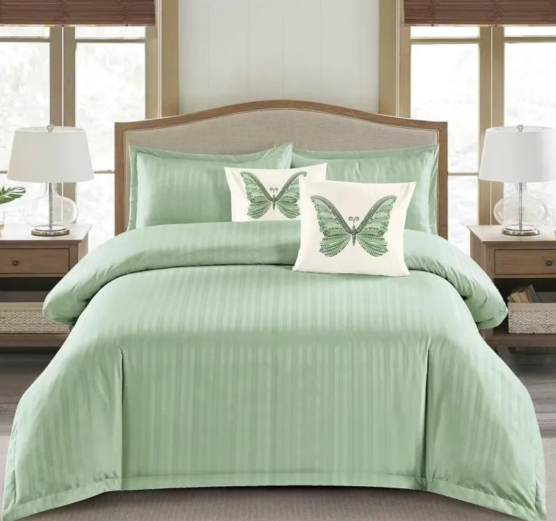 Lenjerii de pat Damasc - Lenjerie de pat Damasc cu Elastic, Pat 2 Persoane, 6 Piese,Verde deschis-PD3