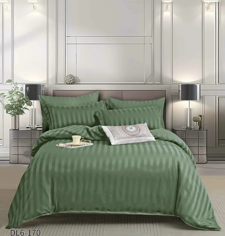 Lenjerii de pat Damasc - Lenjerie de pat Damasc cu Elastic, Pat 2 Persoane, 6 Piese,Verde Kaki-QR7