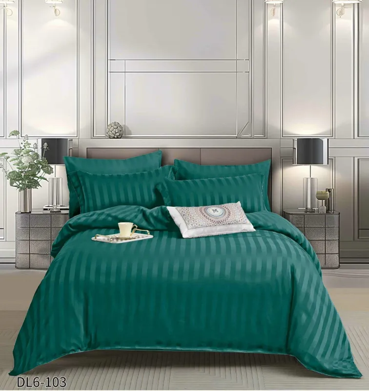 Lenjerii de pat Damasc - Lenjerie de pat Damasc cu Elastic, Pat 2 Persoane, 6 Piese,Verde Smarald-QR14
