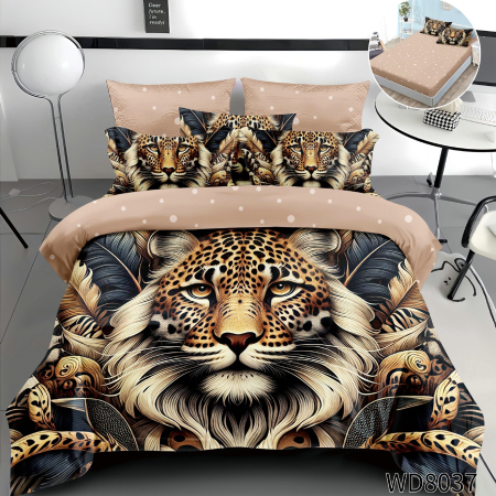 Lenjerie de pat 5D cu elastic - Lenjerie de pat din finet,5D,cu elastic Pat dublu,4 piese,maro,Ghepard-WD8037