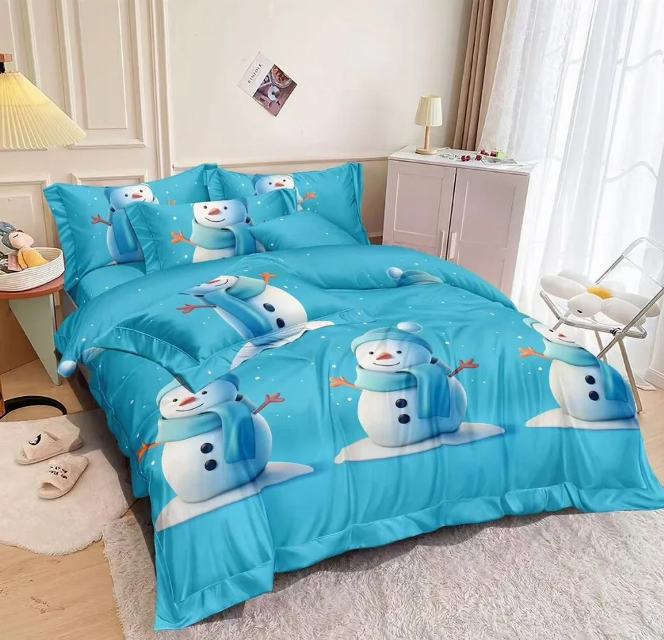 Lenjerii Mos Craciun - Lenjerie de pat din finet 6 piese, albastru cu om de zăpadă vesel-EX12