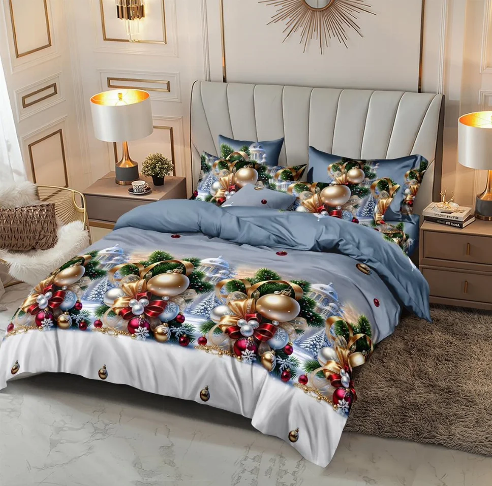 NOU EDITIE DE CRACIUN - Lenjerie de pat din finet 6 piese, cu globuri aurii si braduti argintii-EX11