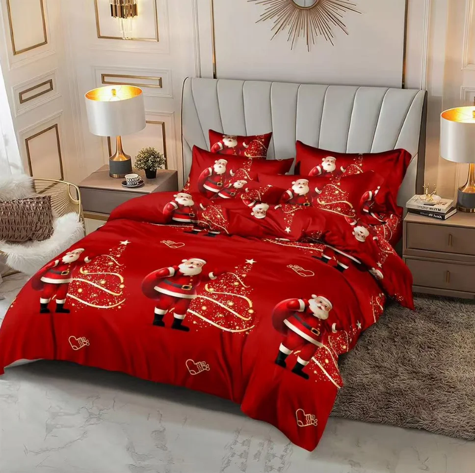 NOU EDITIE DE CRACIUN - Lenjerie de pat din finet 6 piese, roșu cu Moș Crăciun și brazi aurii-EX21