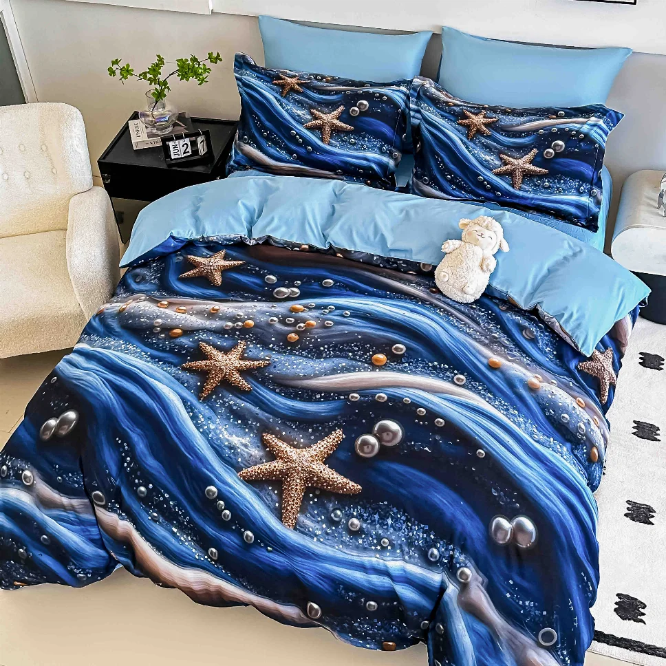 Lenjerie de pat 5D cu elastic - Lenjerie de pat din finet, albastre cu stele de mare-LD16
