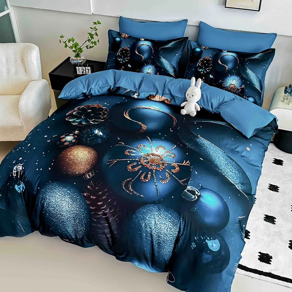 Lenjerie de pat 5D cu elastic - Lenjerie de pat din finet, albastru cu globuri festive-LD27