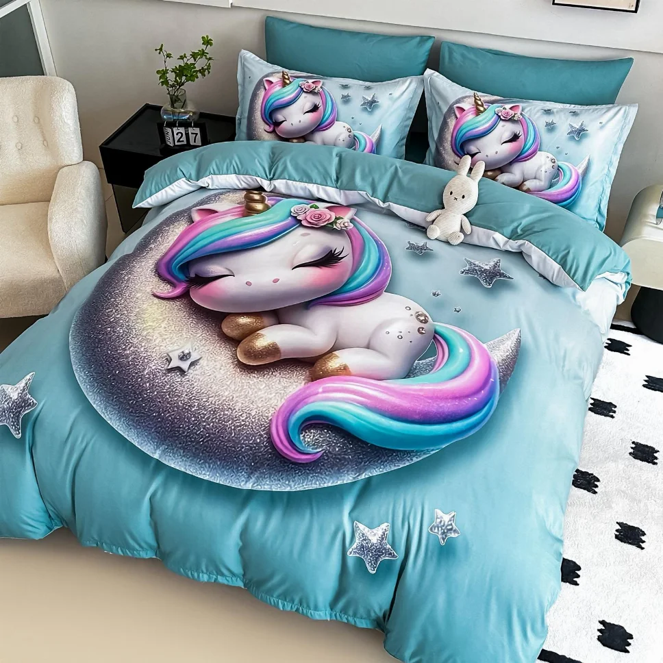 LENJERII DE PAT - Lenjerie de pat din finet, albastru cu unicorn pe lună-LD10