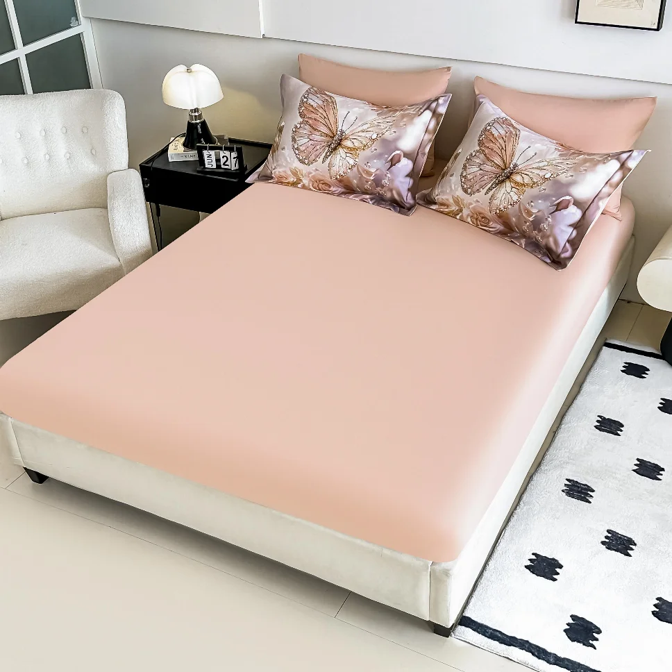 Lenjerie de pat din finet, bej cu fluturi și trandafiri-LD42 [1]