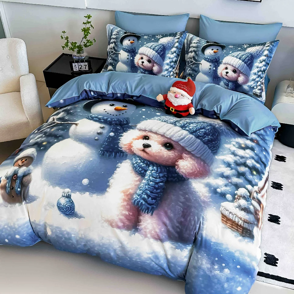 LENJERII DE PAT - Lenjerie de pat din finet, cu câini veseli și omuleți de zăpadă-LD23