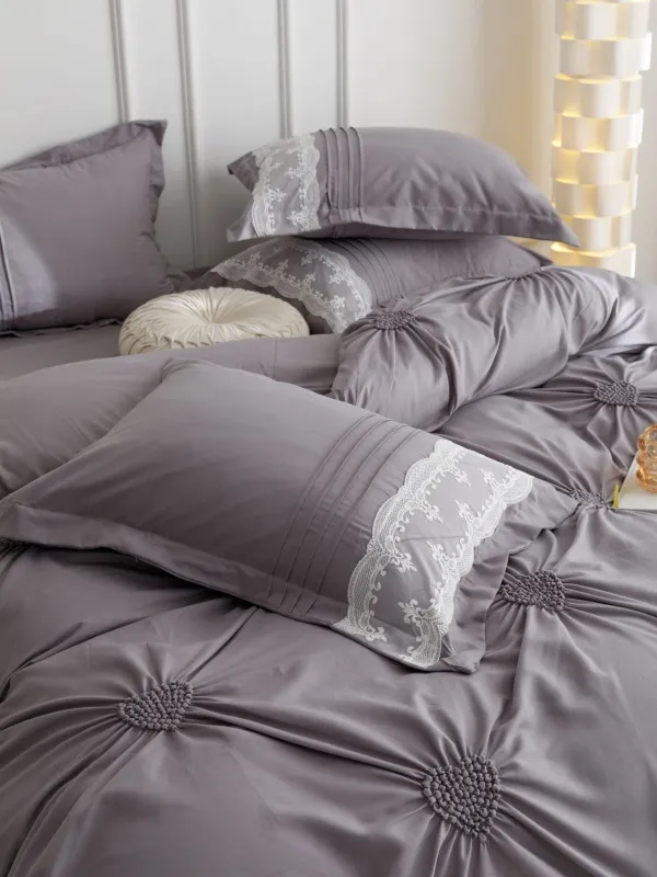 Lenjerie de pat din finet, cu pliuri si inimioare brodate,Gri-BR12 [3]