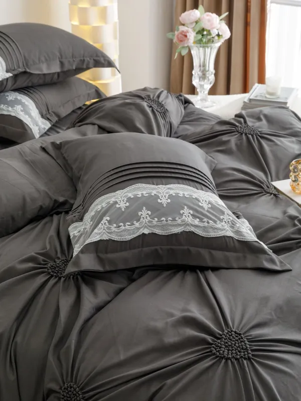 Lenjerie de pat din finet, cu pliuri si inimioare brodate,Gri inchis-BR14 [3]