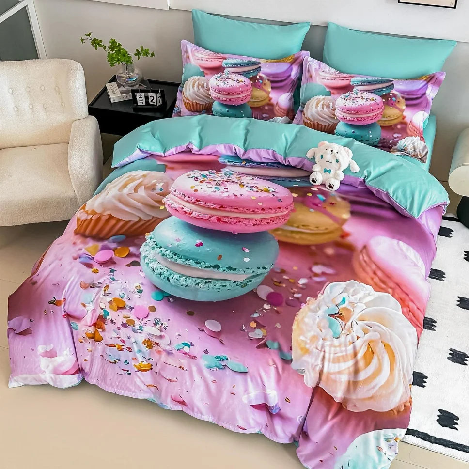 LENJERII DE PAT - Lenjerie de pat din finet, roz cu macarons colorați-LD15