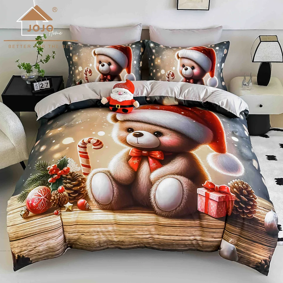 Lenjerie de pat 5D cu elastic - Lenjerie de pat din finet, urși de pluș cu Moș Crăciun 