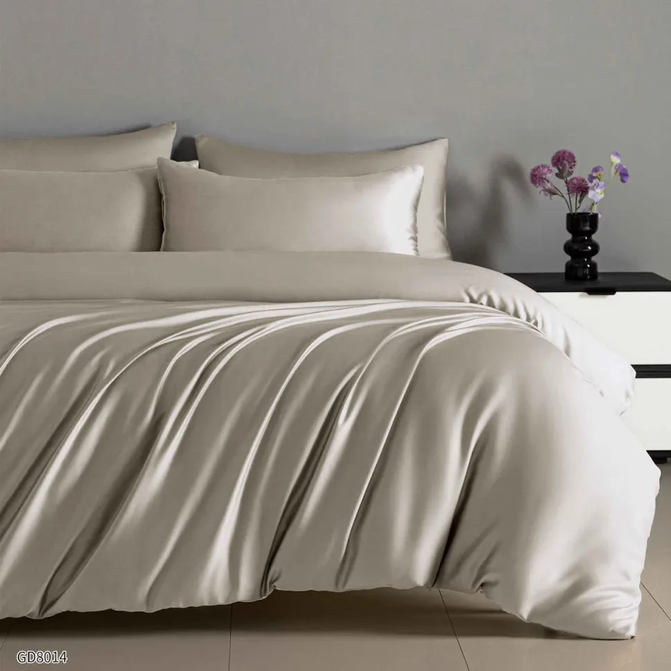 Lenjerii de pat Saten 4 piese cu elastic - Lenjerie de pat din satin cu 4 piese și cearceaf cu elastic, bej elegant cu efect satinat-GD8014