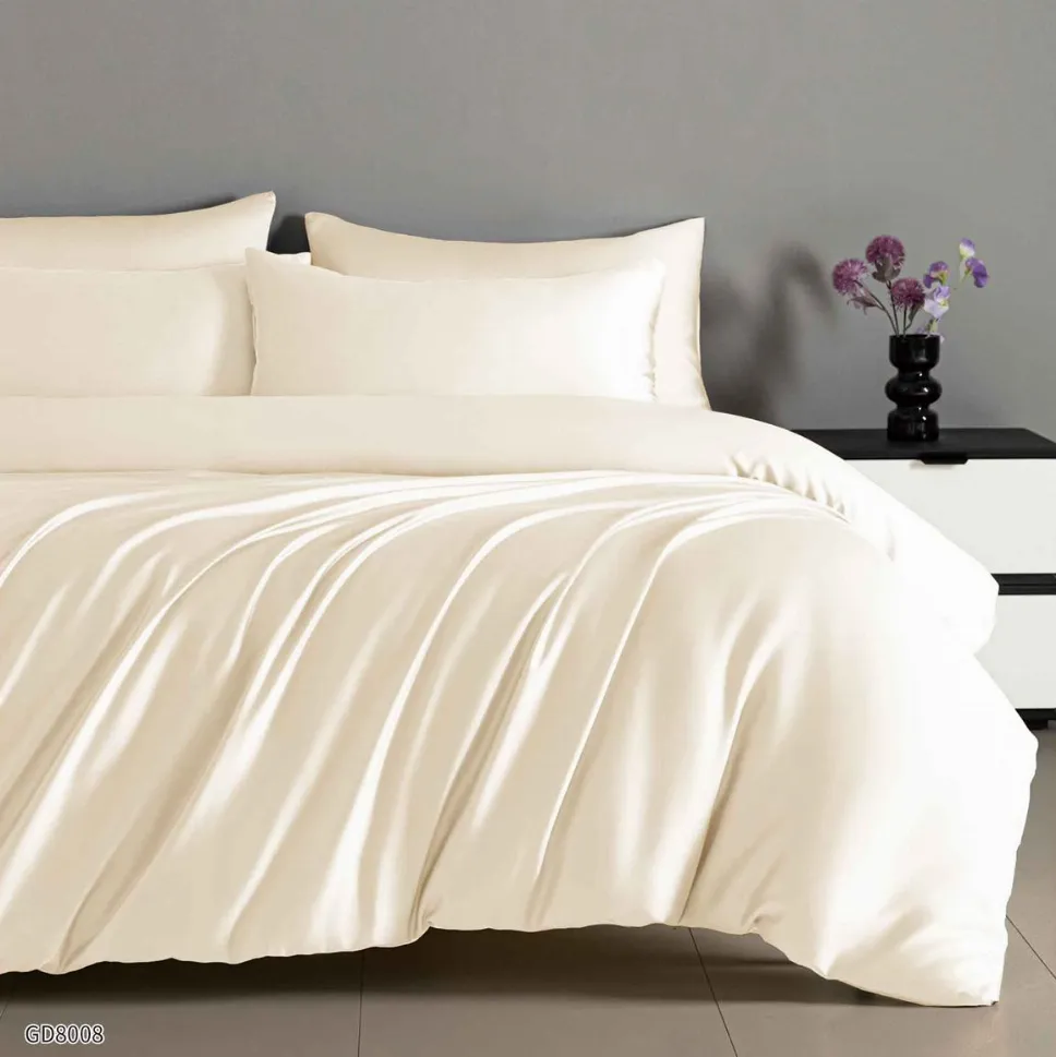Lenjerii de pat Saten 4 piese cu elastic - Lenjerie de pat din satin cu 4 piese și cearceaf cu elastic, bej uni, catifelat-GD8008