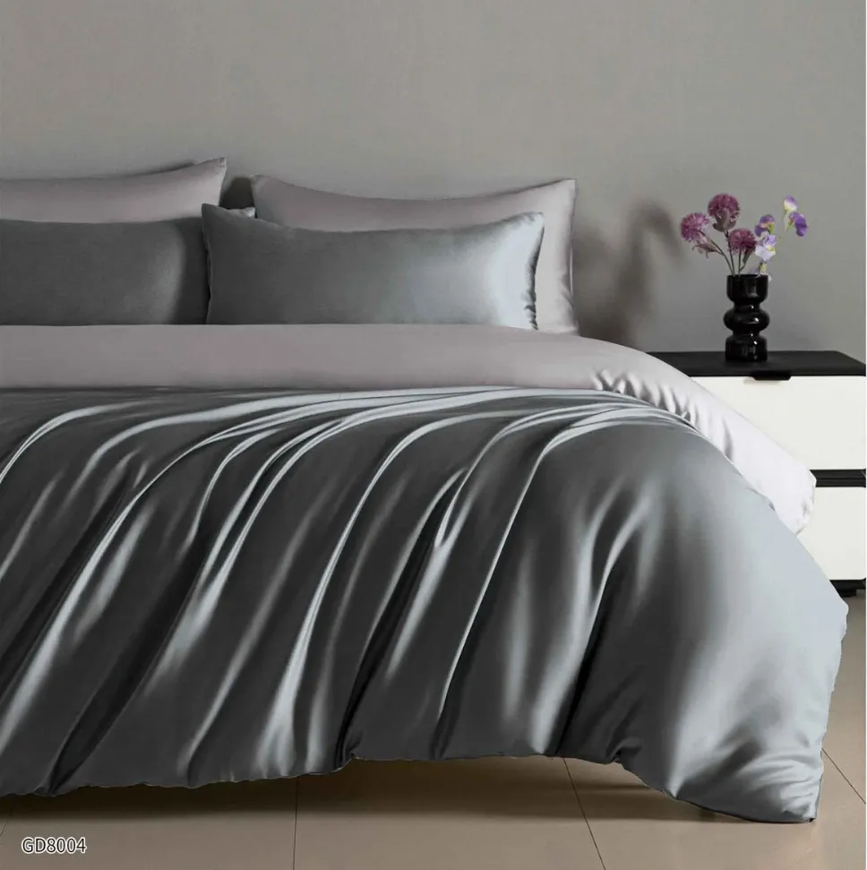 Lenjerii de pat Saten 4 piese cu elastic - Lenjerie de pat din satin cu 4 piese și cearceaf cu elastic, gri elegant cu drapaje-GD8004