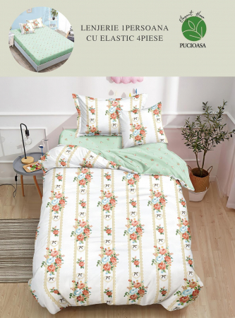 Lenjerii de pat 1 Persoana ELASTIC - Lenjerie de pat Finet 1 Persoana cu Elastic,Alb,Bujori-YE37