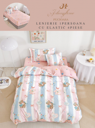 Lenjerii de pat 1 Persoana ELASTIC - Lenjerie de pat Finet 1 Persoana cu Elastic,Roz cu dungi si ursuleti-YE104