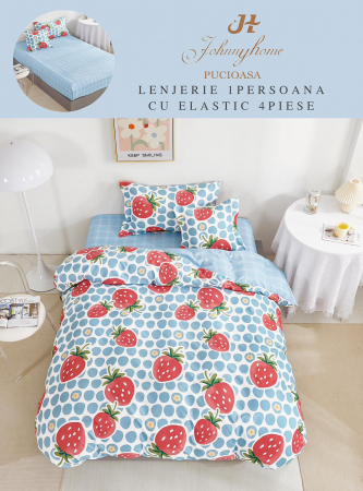 Lenjerii de pat 1 Persoana ELASTIC - Lenjerie de pat Finet 1 Persoana cu Elastic,Bleu cu capsuni-YE114