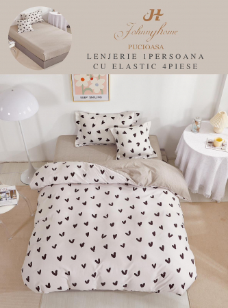 LENJERII DE PAT 1 PERSOANA & COPII - Lenjerie de pat Finet 1 Persoana cu Elastic,Alba cu inimioare-YE111
