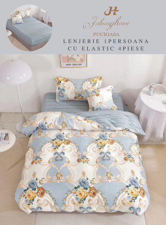 Lenjerii de pat 1 Persoana ELASTIC - Lenjerie de pat Finet 1 Persoana cu Elastic,Bleu cu floricele-YE107