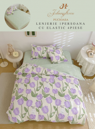 Lenjerii de pat 1 Persoana ELASTIC - Lenjerie de pat Finet 1 Persoana cu Elastic,Verde cu lalele-YE96
