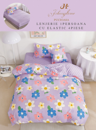 Lenjerii de pat 1 Persoana ELASTIC - Lenjerie de pat Finet 1 Persoana cu Elastic,Lila cu flori colorate -YE79