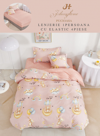 Lenjerii de pat 1 Persoana ELASTIC - Lenjerie de pat Finet 1 Persoana cu Elastic,Roz cu ursuleti-YE91