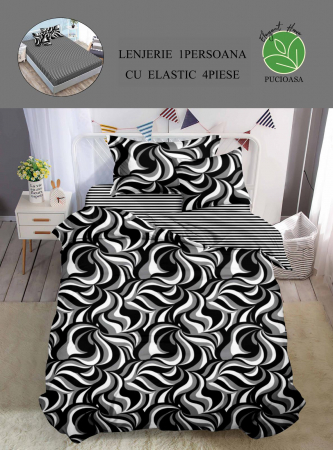 Lenjerii de pat 1 Persoana ELASTIC - Lenjerie de pat Finet 1 Persoana cu Elastic Gri/Negru,Spirala-YE48