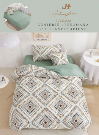 LENJERII DE PAT 1 PERSOANA & COPII - Lenjerie de pat Finet 1 Persoana cu Elastic,Verde cu romburi-YE109