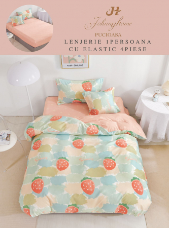 Lenjerii de pat 1 Persoana ELASTIC - Lenjerie de pat Finet 1 Persoana cu Elastic,Roz cu capsuni-YE105
