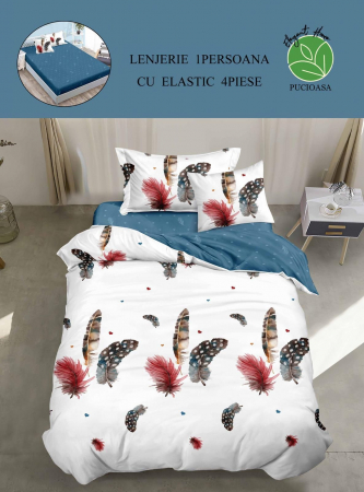 LENJERII DE PAT 1 PERSOANA & COPII - Lenjerie de pat Finet 1 Persoana cu ElasticAlb/Albastru cu Pene colorate-YE12