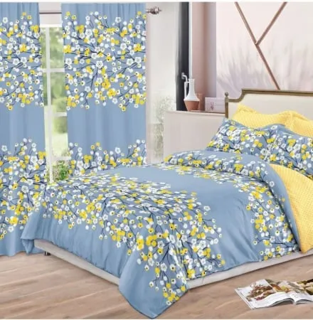 Lenjerii de pat Finet + 2 Draperii - Lenjerie de pat Finet, 6 piese+ 2 Draperii CADOU,Galben-Gri-FD05