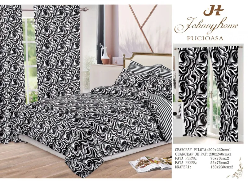 Lenjerii de pat Finet + 2 Draperii - Lenjerie de pat Finet, 6 piese+ 2 Draperii CADOU,Gri/Negru SPIRALA-FD15