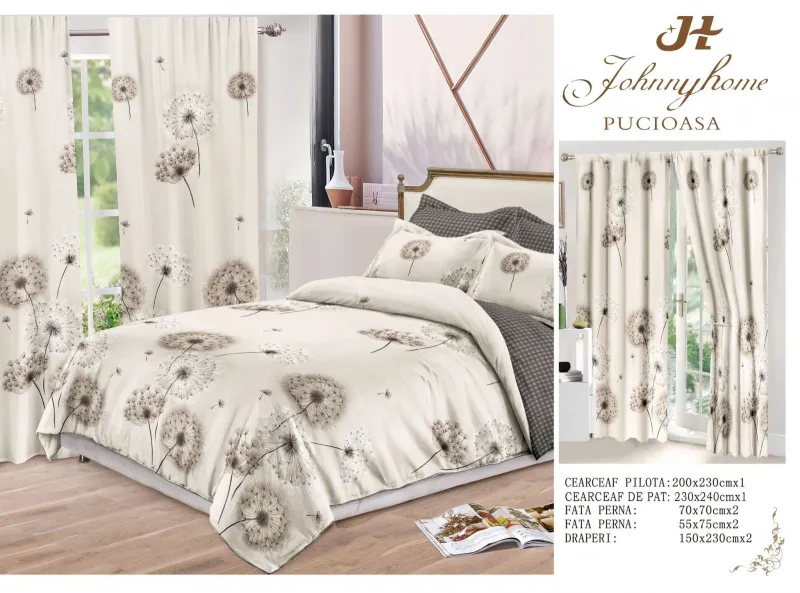 Lenjerii de pat Finet + 2 Draperii - Lenjerie de pat Finet, 6 piese+ 2 Draperii CADOU,Gri,Papadie-FD19