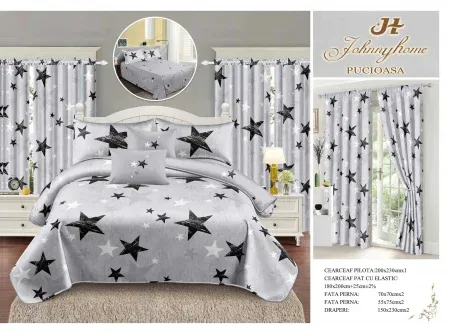 Lenjerie de pat Finet, 6 piese+ 2 Draperii CADOU,Gri,Stelute-FD10 [1]