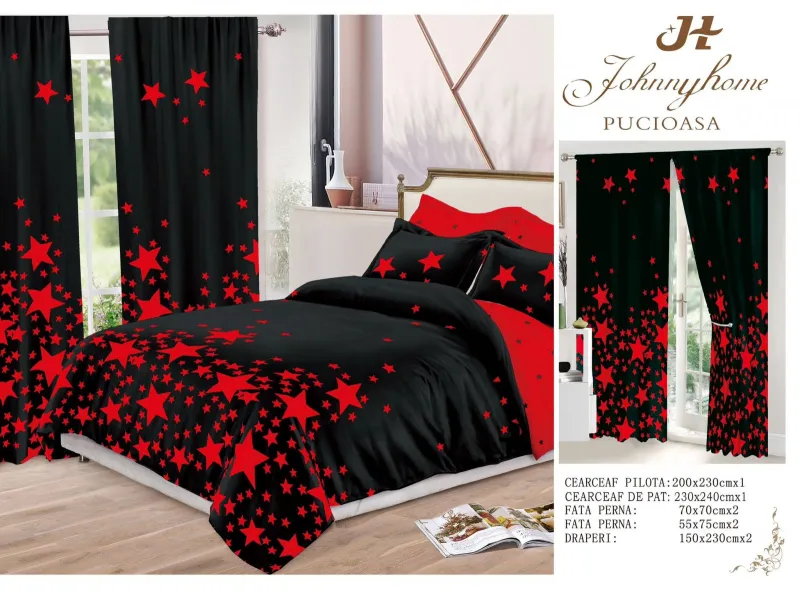 Lenjerii de pat Finet + 2 Draperii - Lenjerie de pat Finet, 6 piese+ 2 Draperii CADOU,Negru cu stelute rosii-FD16