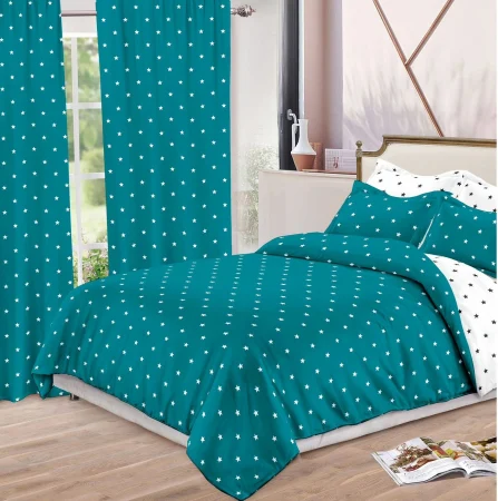 Lenjerii de pat Finet + 2 Draperii - Lenjerie de pat Finet, 6 piese+ 2 Draperii CADOU,Verde cu Stelute-FD13