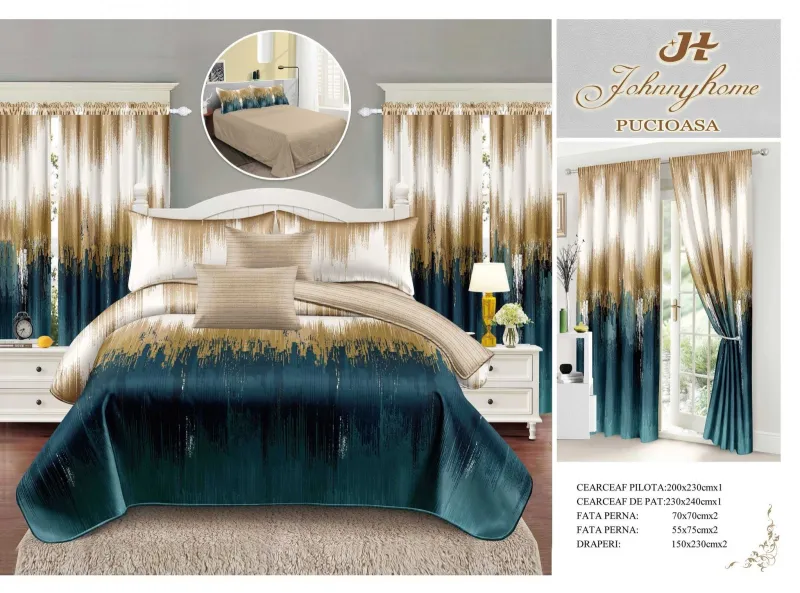 Lenjerii de pat Finet + 2 Draperii - Lenjerie de pat Finet, 6 piese+ 2 Draperii CADOU,Verde degrade linii-FD25