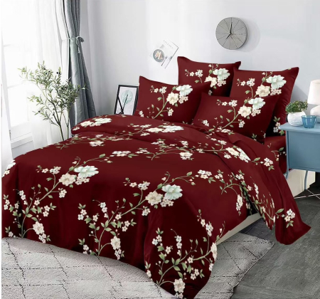 LENJERII DE PAT 1+1 GRATIS - Lenjerie de pat Finet 6 piese, Grena cu flori-KY113