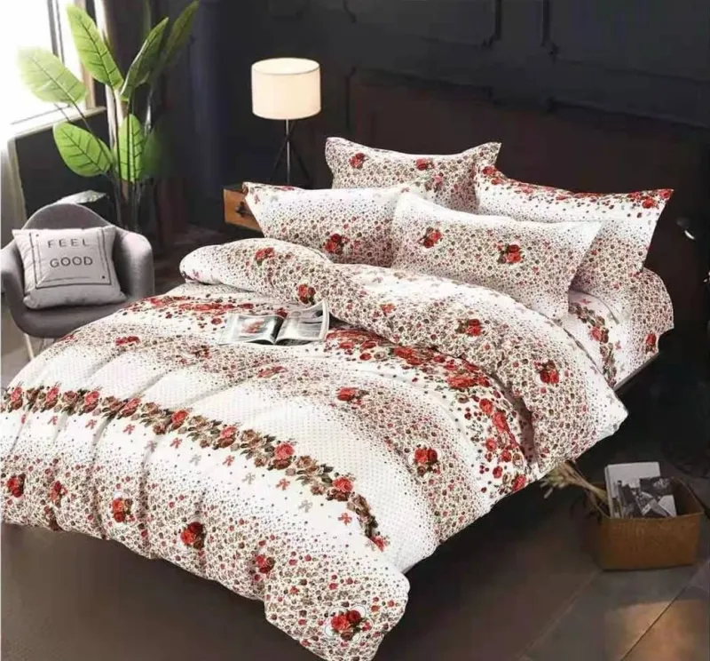 LENJERII DE PAT 1+1 GRATIS - Lenjerie de pat Finet  6 piese,Alb cu floricele rosii -KY28