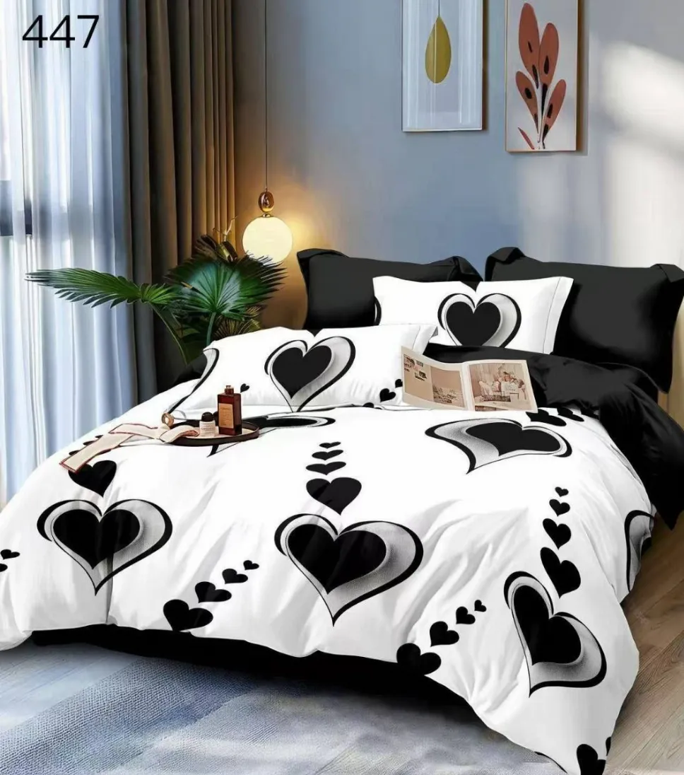 LENJERII DE PAT 1+1 GRATIS - Lenjerie de pat Finet 6 piese, alb cu inimi negre supradimensionate-GR447