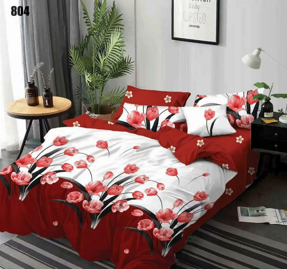 Lenjerii Pucioasa Super Elegant - Lenjerie de pat Finet 6 piese, alb cu rosu si flori-LP804