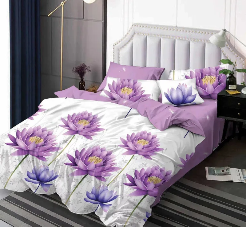 LENJERII DE PAT 1+1 GRATIS - Lenjerie de pat Finet  6 piese,Alb/Lila cu Nuferi -KY49