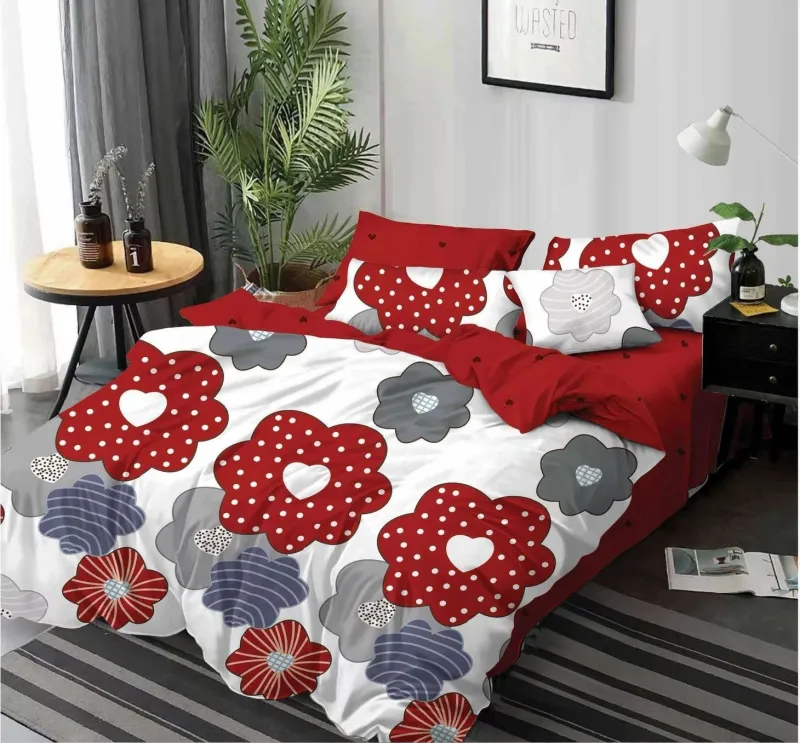 LENJERII DE PAT 1+1 GRATIS - Lenjerie de pat Finet  6 piese,Alb/Rosu Floricele-KY23