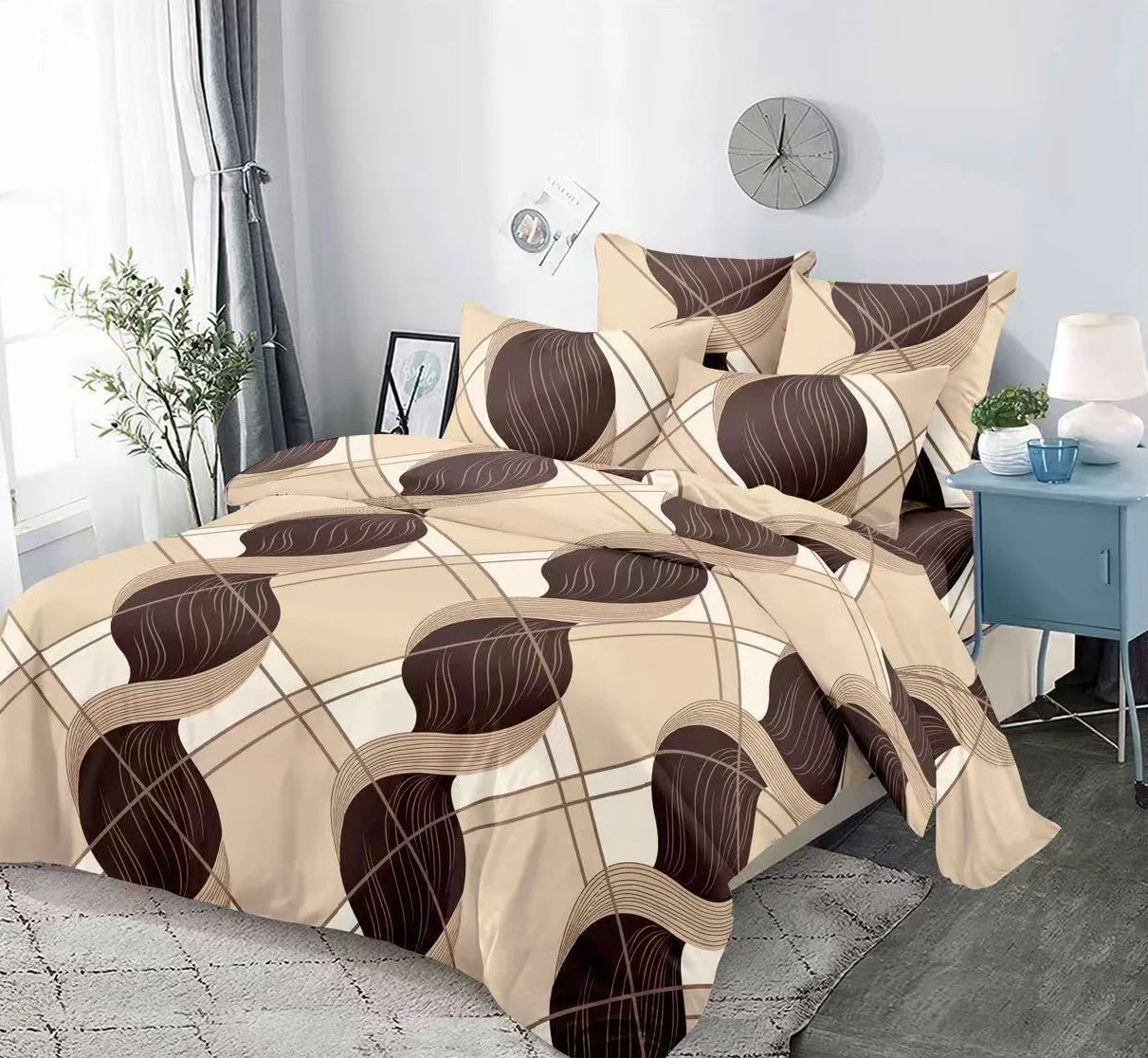 LENJERII DE PAT - Lenjerie de pat Finet 6 piese crem cu cercuri maro și linii decorative-KY131